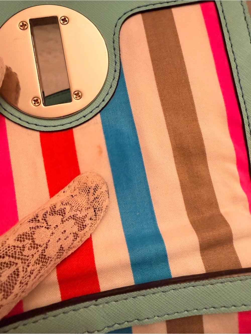 Kate Spade Mint Green Leather Crossbody Bag w/Multicolored Striped Interior GUC - Picture 12 of 16